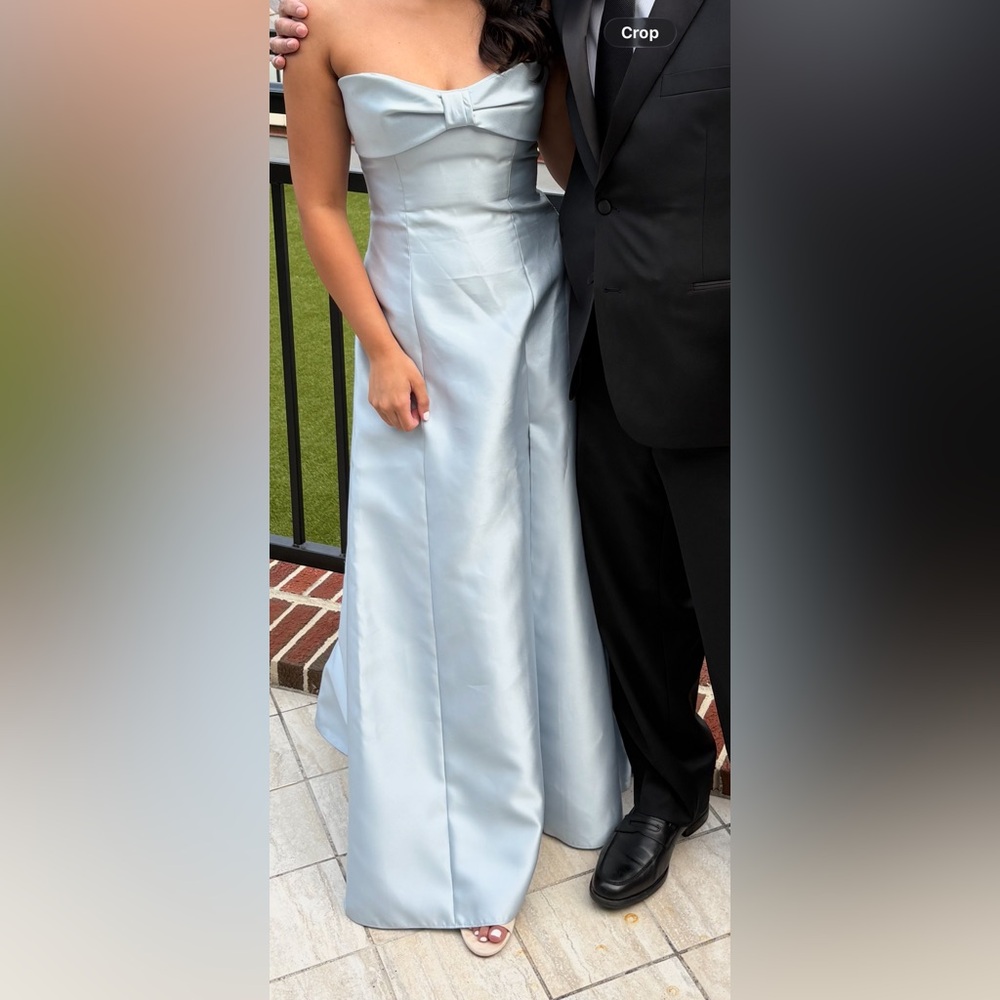 Strapless Light Blue Satin Maxi Skirt Dress with Bow Detail